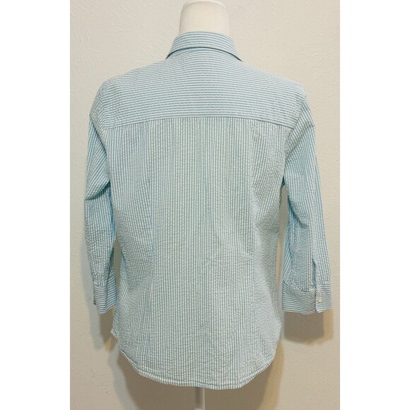 LL Bean Women Size M Teal/White Striped Seersucker Button Up Shirt Blouse - Picture 7 of 13